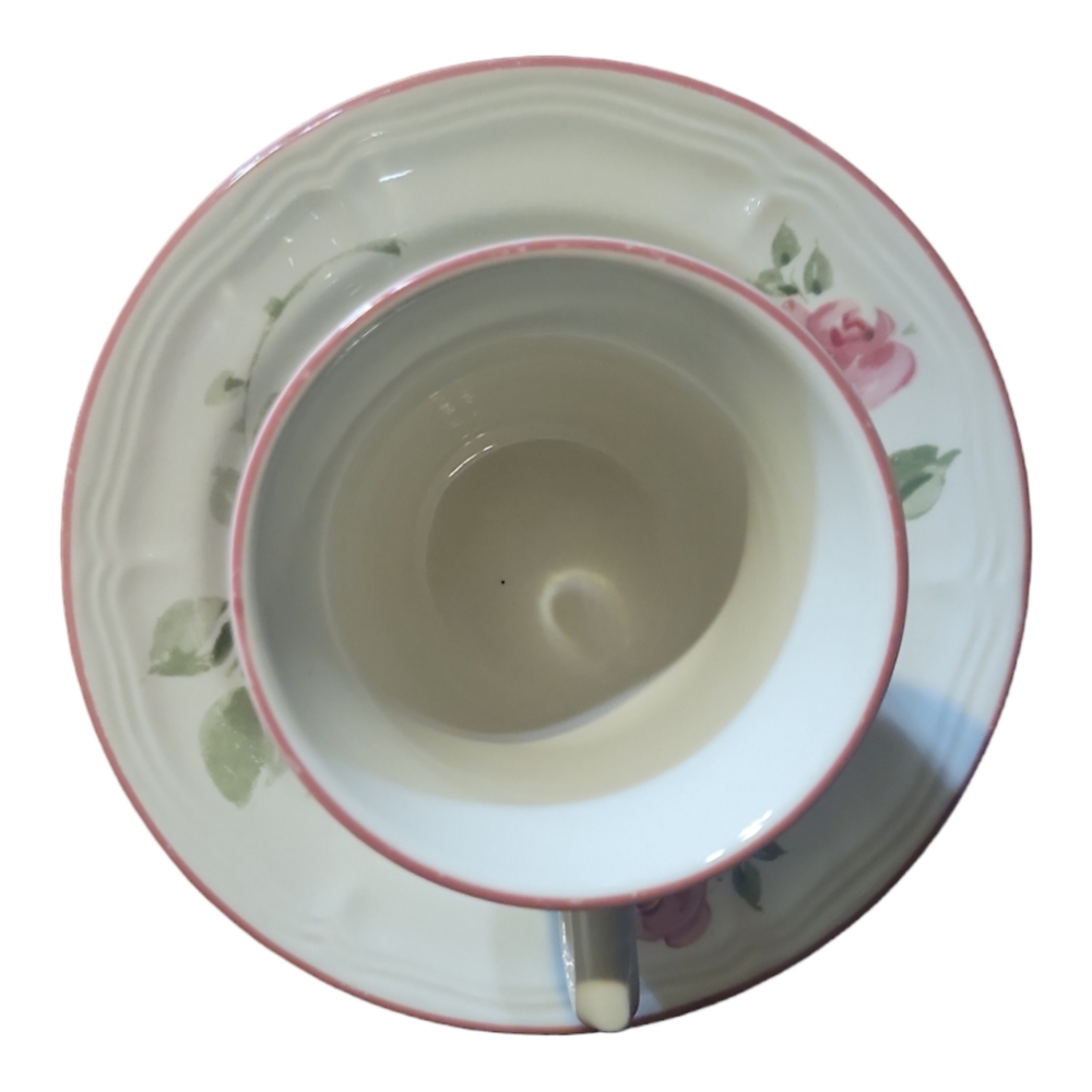 1 Vtg Gibson Roseland Coffee Tea Stoneware Flat Cup/Saucer Pink Rim Roses Leaves - Picture 2 of 5
